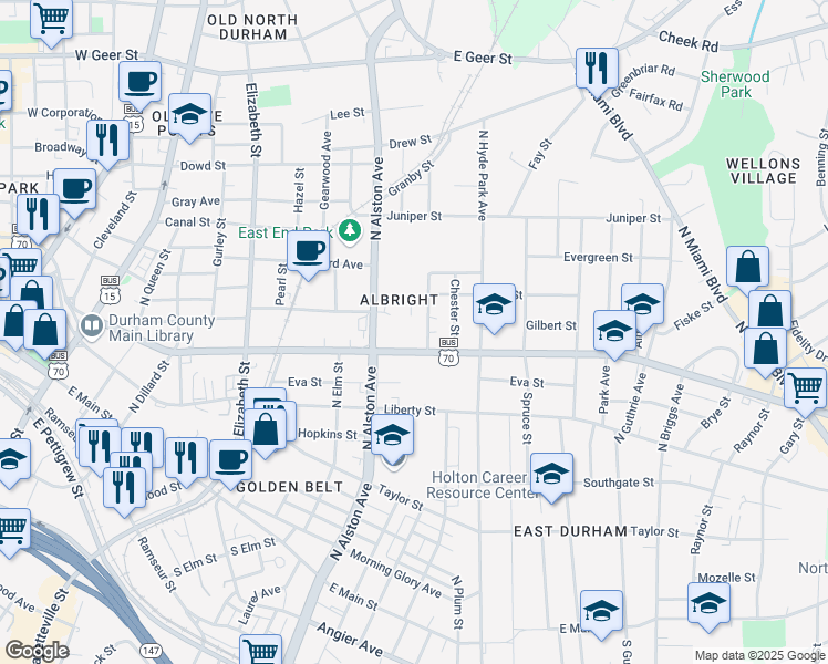 map of restaurants, bars, coffee shops, grocery stores, and more near 915 Holloway Street in Durham