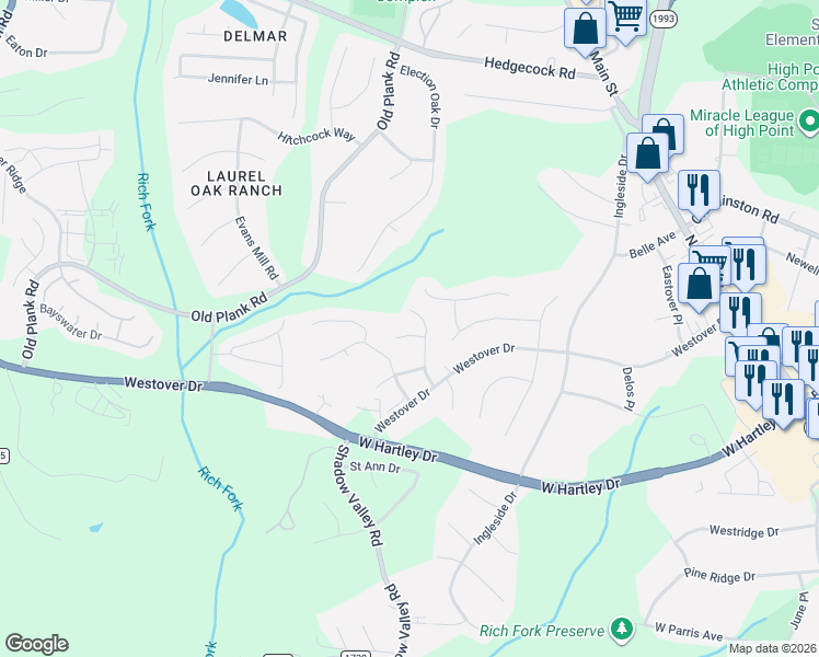 map of restaurants, bars, coffee shops, grocery stores, and more near 5229 Switchback Drive in High Point