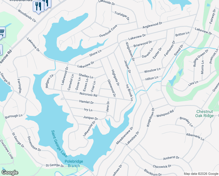 map of restaurants, bars, coffee shops, grocery stores, and more near 131 Glenwood Drive in Crossville