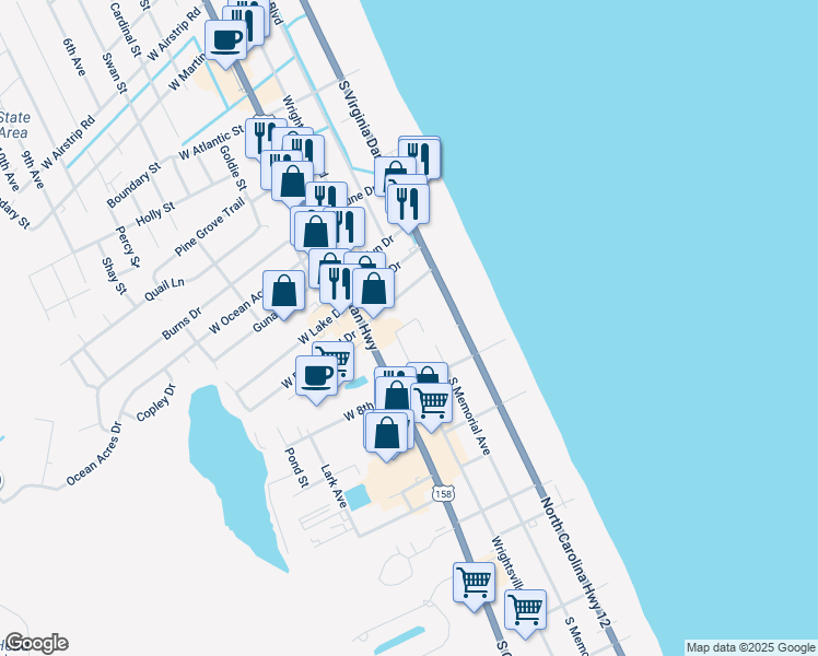 map of restaurants, bars, coffee shops, grocery stores, and more near 2009 Wrightsville Boulevard in Kill Devil Hills