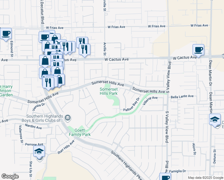 map of restaurants, bars, coffee shops, grocery stores, and more near 10720 Valencia Hills Street in Las Vegas