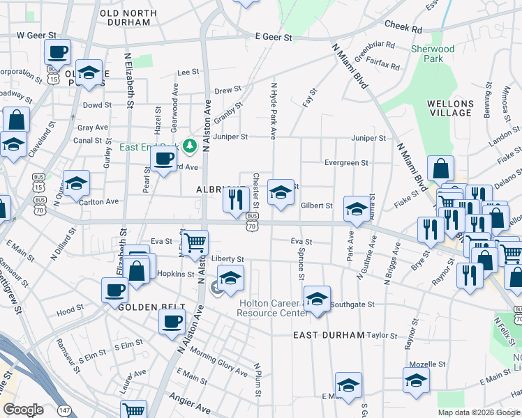 map of restaurants, bars, coffee shops, grocery stores, and more near 1001 North Hyde Park Avenue in Durham