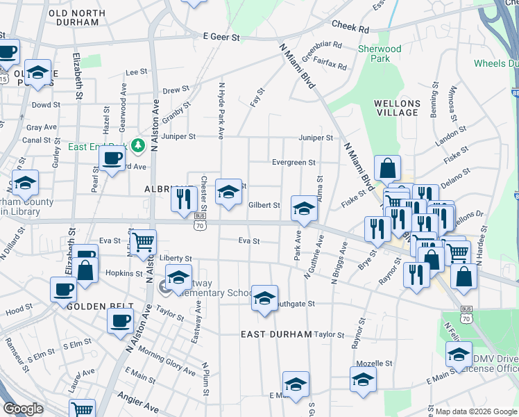 map of restaurants, bars, coffee shops, grocery stores, and more near 1208 Gilbert Street in Durham