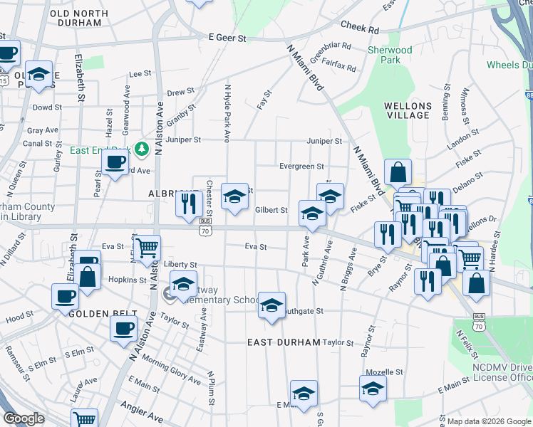 map of restaurants, bars, coffee shops, grocery stores, and more near 1208 Gilbert Street in Durham