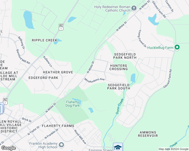map of restaurants, bars, coffee shops, grocery stores, and more near 1305 Dugway Court in Wake Forest