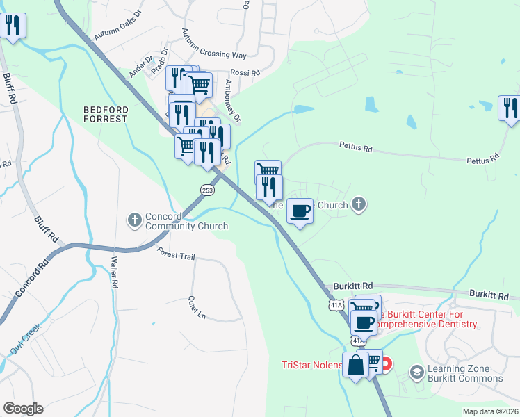 map of restaurants, bars, coffee shops, grocery stores, and more near Nolensville Road in Brentwood