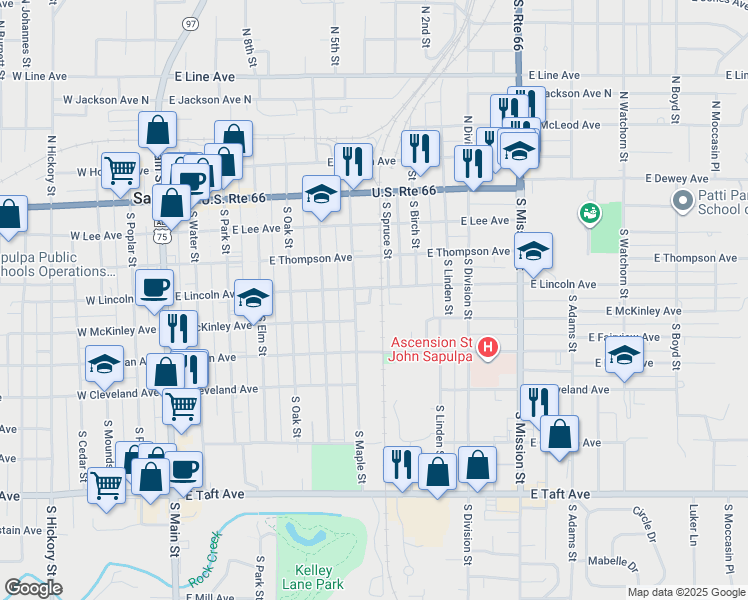 map of restaurants, bars, coffee shops, grocery stores, and more near 612 East Lincoln Avenue in Sapulpa