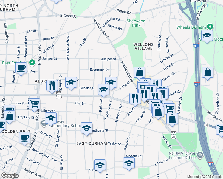 map of restaurants, bars, coffee shops, grocery stores, and more near 1003 Alma Street in Durham