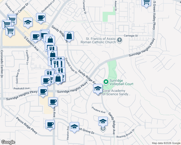 map of restaurants, bars, coffee shops, grocery stores, and more near 2570 Swans Chance Avenue in Henderson