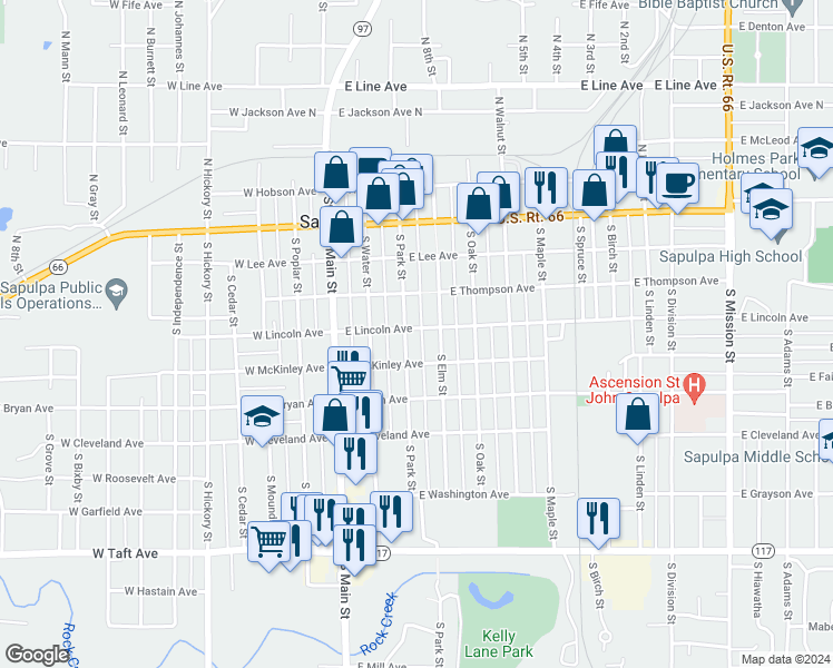 map of restaurants, bars, coffee shops, grocery stores, and more near 303 South Park Street in Sapulpa