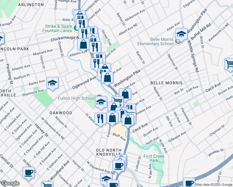 map of restaurants, bars, coffee shops, grocery stores, and more near 2509 North Broadway in Knoxville
