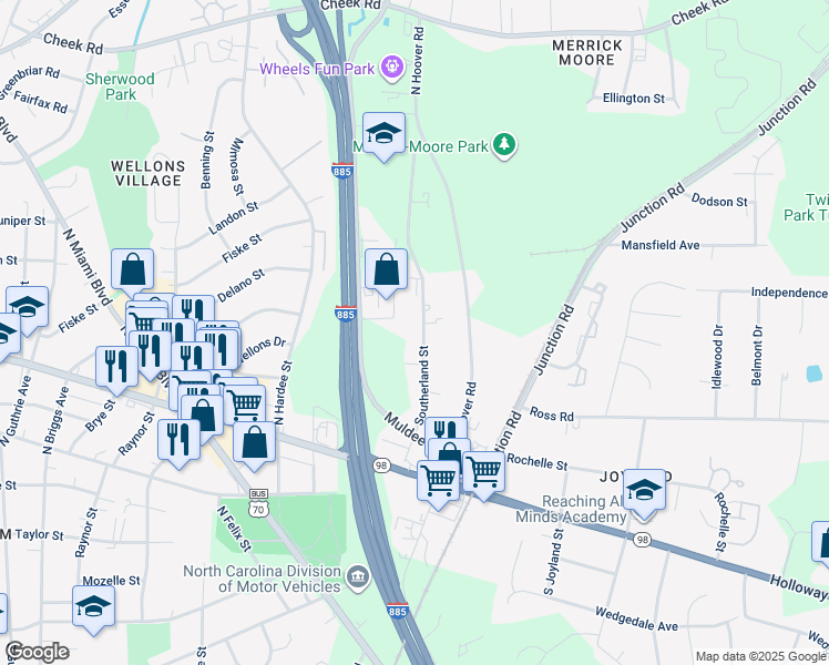 map of restaurants, bars, coffee shops, grocery stores, and more near 219 Southerland Street in Durham