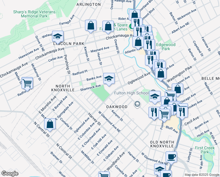 map of restaurants, bars, coffee shops, grocery stores, and more near 927 Oglewood Avenue in Knoxville