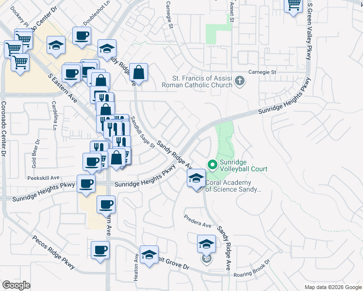 map of restaurants, bars, coffee shops, grocery stores, and more near 2570 Swans Chance Avenue in Henderson