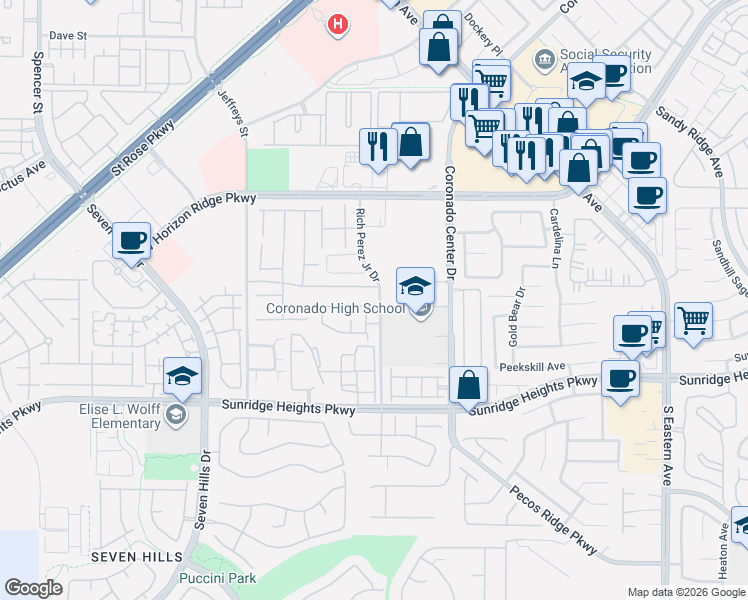 map of restaurants, bars, coffee shops, grocery stores, and more near 2877 Green Falls Avenue in Henderson