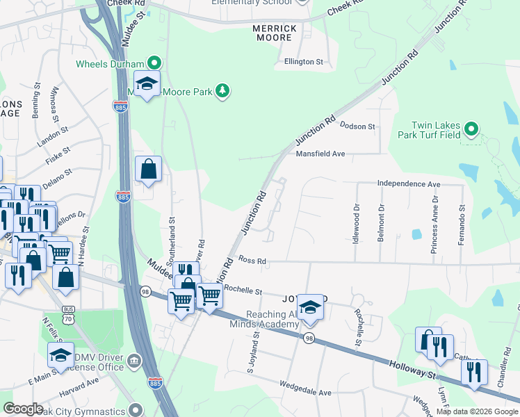 map of restaurants, bars, coffee shops, grocery stores, and more near 416 Junction Road in Durham