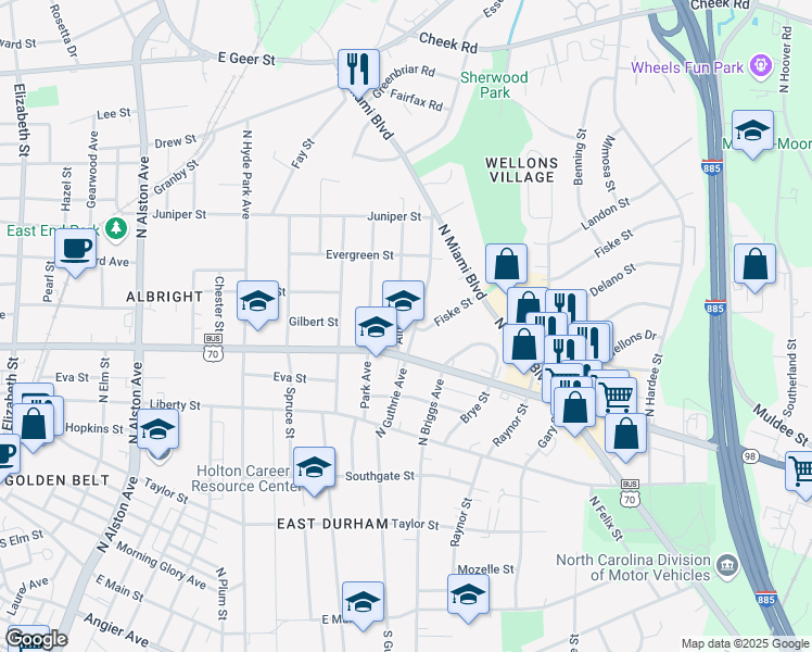 map of restaurants, bars, coffee shops, grocery stores, and more near 1003 Alma Street in Durham