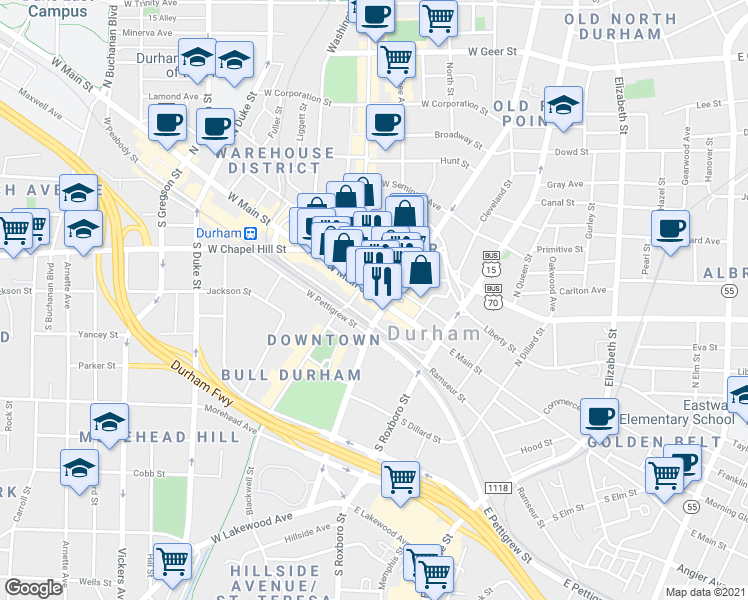 map of restaurants, bars, coffee shops, grocery stores, and more near 126 West Main Street in Durham