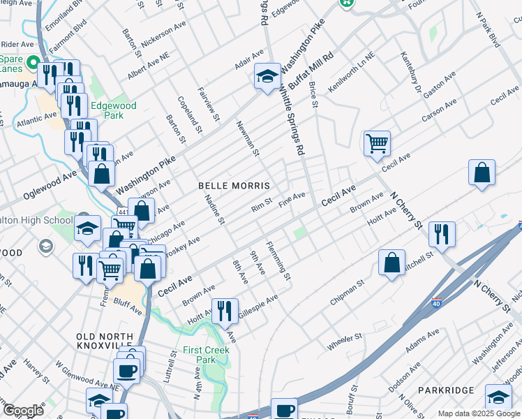 map of restaurants, bars, coffee shops, grocery stores, and more near 2017 Fine Avenue Northeast in Knoxville