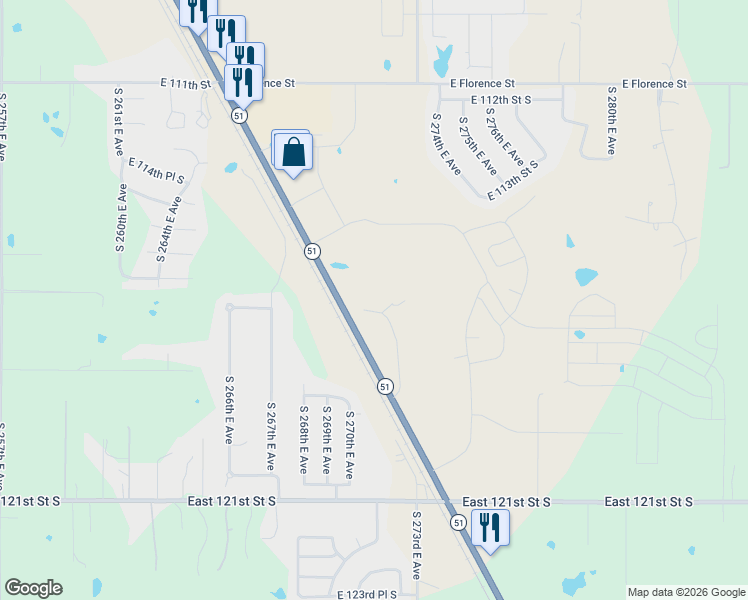 map of restaurants, bars, coffee shops, grocery stores, and more near 11629 South 272nd East Avenue in Coweta