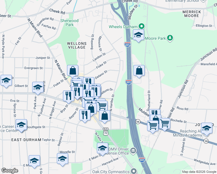 map of restaurants, bars, coffee shops, grocery stores, and more near 1144 Raynor Street in Durham
