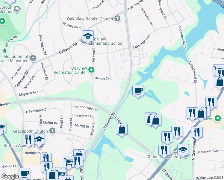 map of restaurants, bars, coffee shops, grocery stores, and more near 385 James Court in High Point