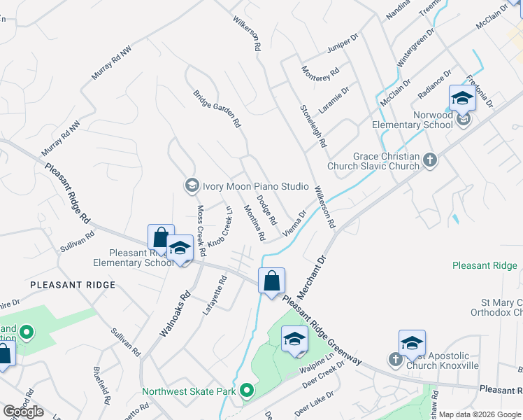 map of restaurants, bars, coffee shops, grocery stores, and more near 5700 Dodge Road in Knoxville