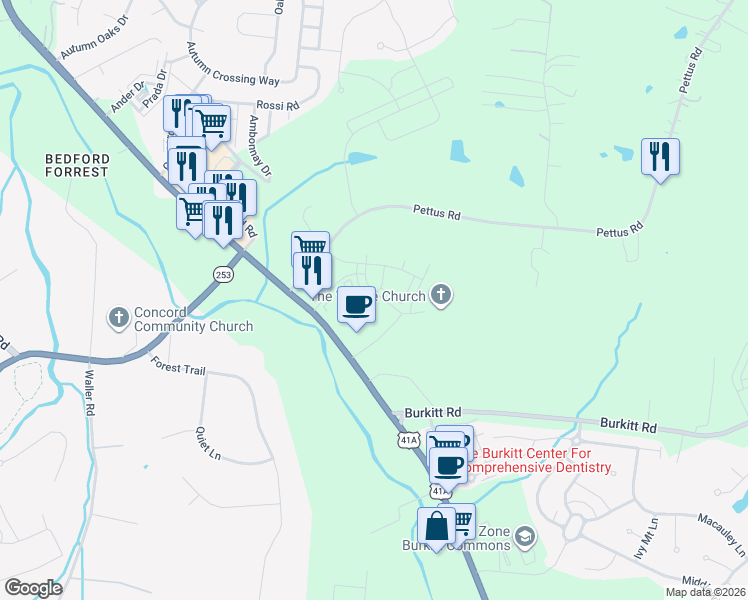 map of restaurants, bars, coffee shops, grocery stores, and more near 628 Thetford Alley in Brentwood