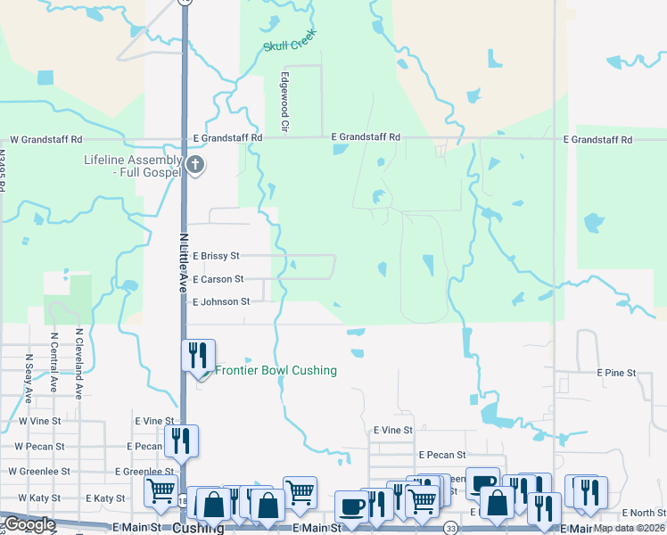 map of restaurants, bars, coffee shops, grocery stores, and more near 902 East Brissy Street in Cushing