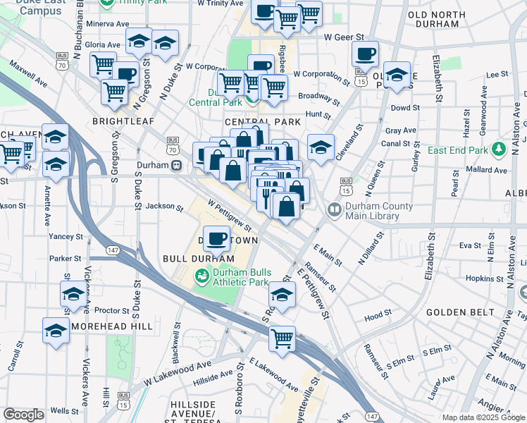 map of restaurants, bars, coffee shops, grocery stores, and more near 126 West Main Street in Durham