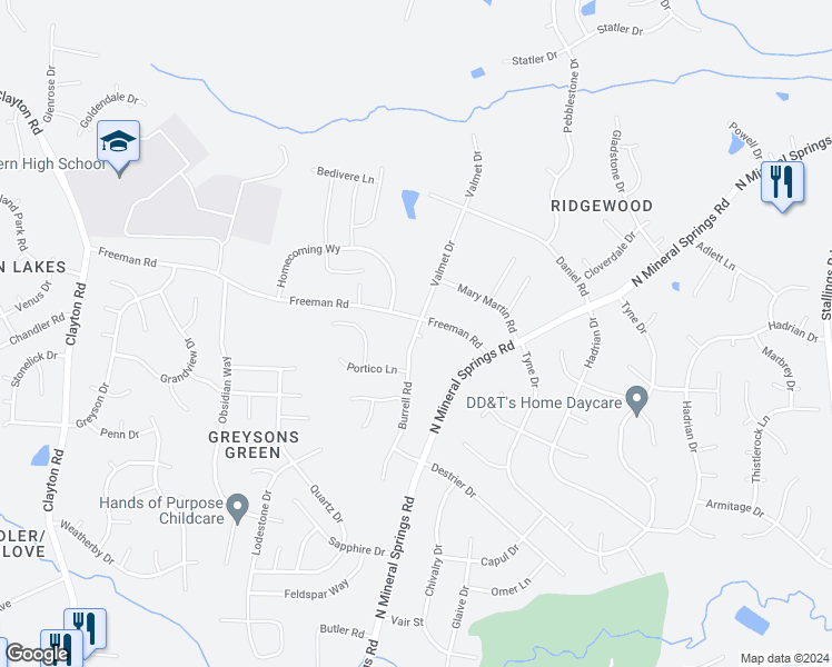 map of restaurants, bars, coffee shops, grocery stores, and more near 1 Onyx Court in Durham