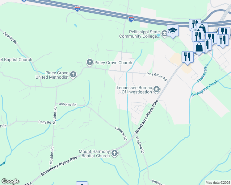 map of restaurants, bars, coffee shops, grocery stores, and more near 1239 Swan Pond Lane in Knoxville
