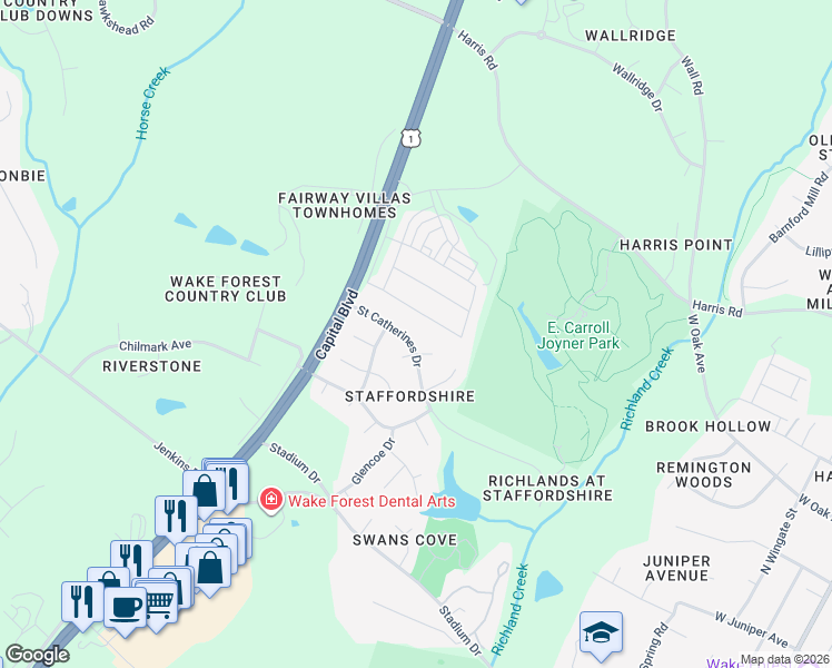 map of restaurants, bars, coffee shops, grocery stores, and more near 950 Saint Catherines Drive in Wake Forest