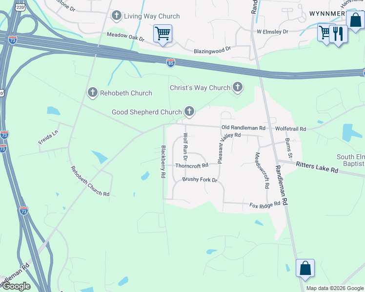 map of restaurants, bars, coffee shops, grocery stores, and more near 4405 Wolf Run Drive in Greensboro