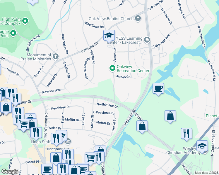 map of restaurants, bars, coffee shops, grocery stores, and more near 133 James Road in High Point