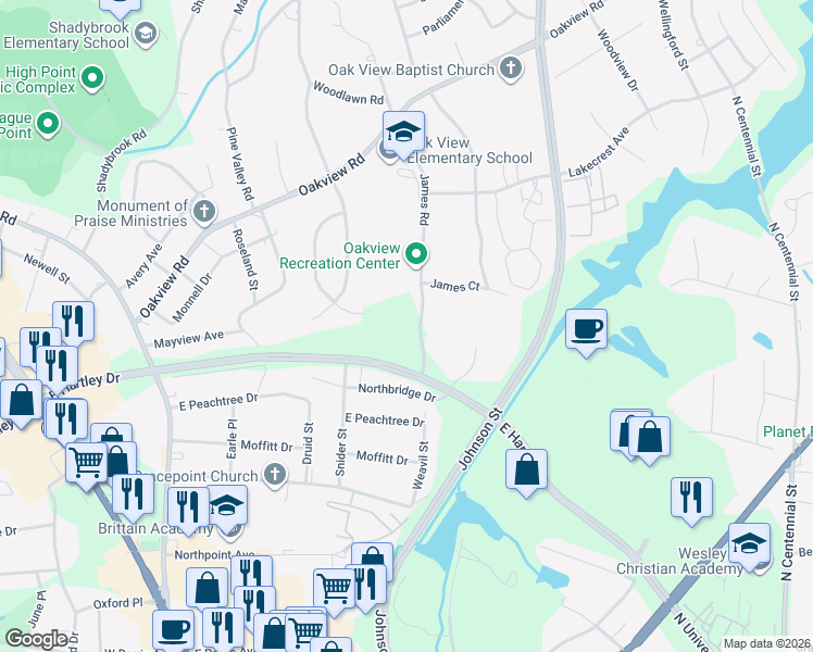 map of restaurants, bars, coffee shops, grocery stores, and more near 135 James Road in High Point