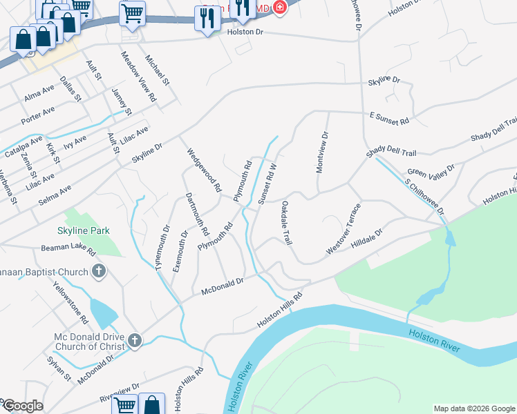 map of restaurants, bars, coffee shops, grocery stores, and more near 4701 Sunset Road West in Knoxville
