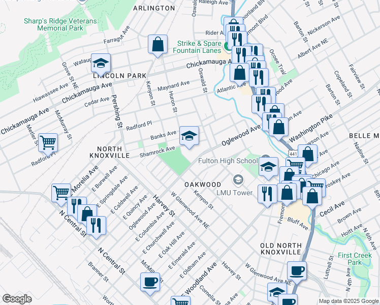 map of restaurants, bars, coffee shops, grocery stores, and more near 927 Oglewood Avenue in Knoxville