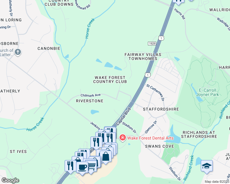 map of restaurants, bars, coffee shops, grocery stores, and more near 1205 Country Club Drive in Wake Forest