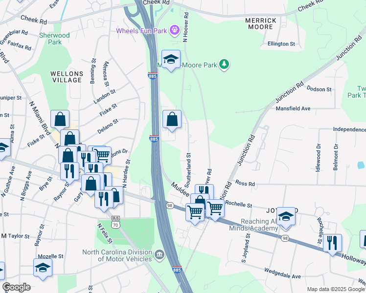 map of restaurants, bars, coffee shops, grocery stores, and more near 219 Southerland Street in Durham