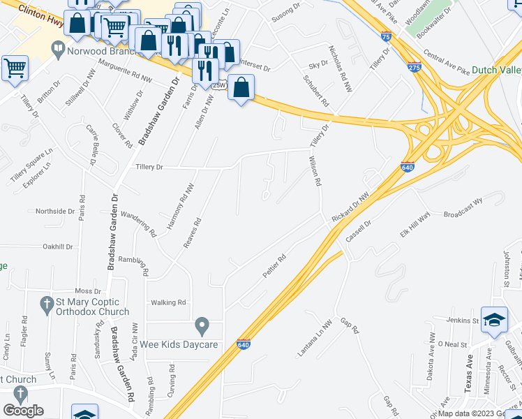 map of restaurants, bars, coffee shops, grocery stores, and more near 4501 Tillery Drive in Knoxville