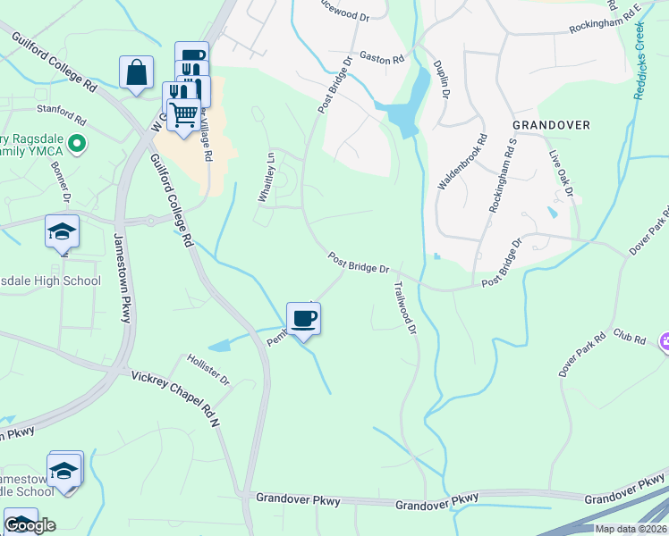map of restaurants, bars, coffee shops, grocery stores, and more near 4500 Pemberton Road in Greensboro