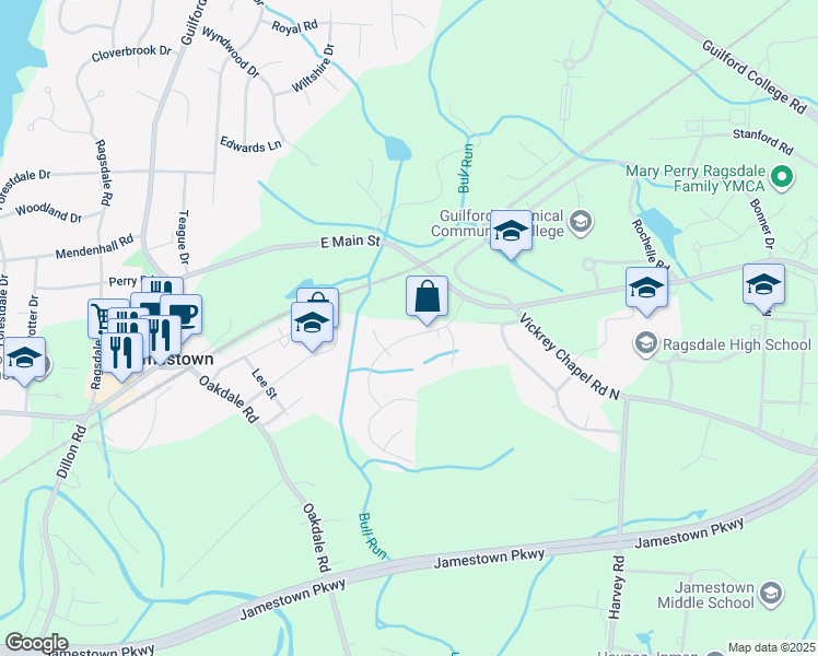 map of restaurants, bars, coffee shops, grocery stores, and more near 208 Yorkleigh Lane in Jamestown