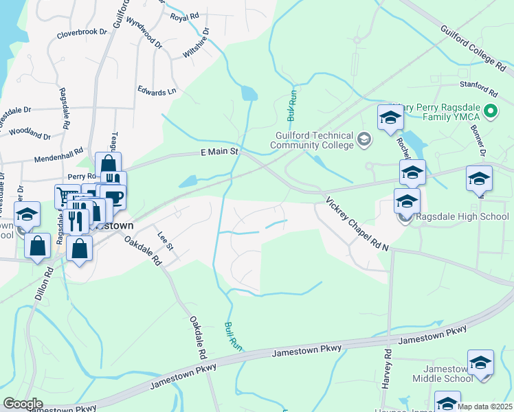 map of restaurants, bars, coffee shops, grocery stores, and more near 208 Yorkleigh Lane in Jamestown