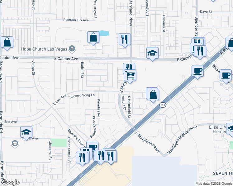 map of restaurants, bars, coffee shops, grocery stores, and more near 10704 Meridian Mills Road in Henderson