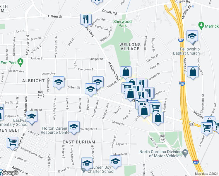 map of restaurants, bars, coffee shops, grocery stores, and more near 910 Fiske Street in Durham