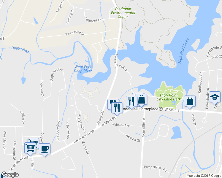 map of restaurants, bars, coffee shops, grocery stores, and more near 124 Penny Road in High Point
