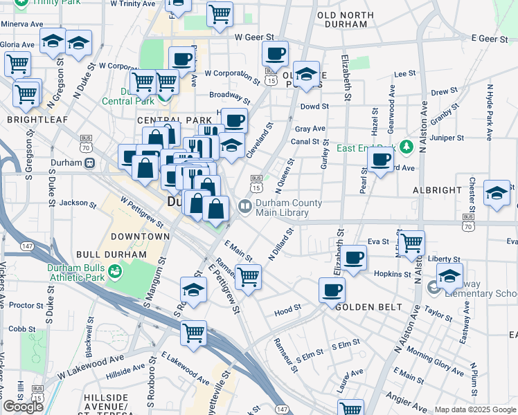 map of restaurants, bars, coffee shops, grocery stores, and more near in Durham
