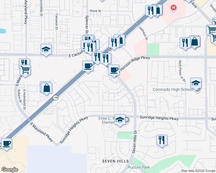 map of restaurants, bars, coffee shops, grocery stores, and more near 845 Seven Hills Drive in Henderson