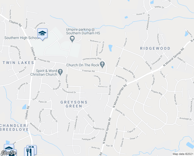 map of restaurants, bars, coffee shops, grocery stores, and more near 619 Chalcedony Court in Durham